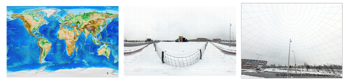 Platte wereldkaart (equirectangular) versus Spherical/Sferische virtuele panorama 700