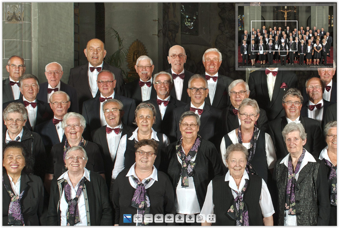 Inzoom-foto met pijlen en groepsfoto rechts boven navigeren